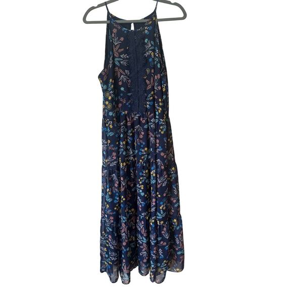 Karin Stevens Dresses & Skirts - Karin Stevens Floral Midi Dress Size 14 Navy Boho Sleeveless with Crochet Trim